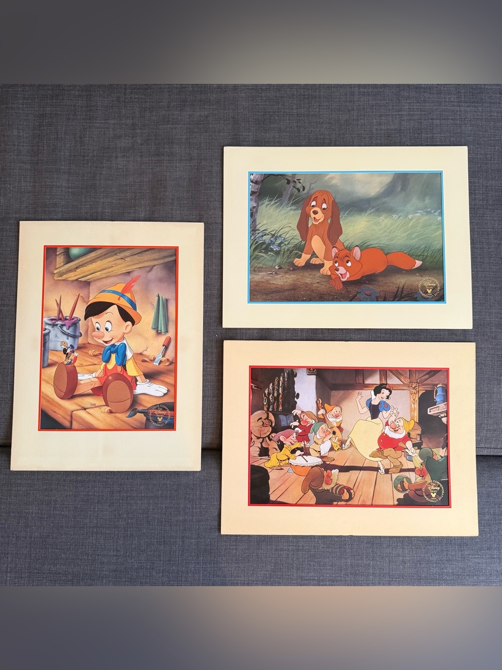 Disney Framed Prints Set 3 USA - Pinocchio, Lady & the Tramp, Snow White 1994